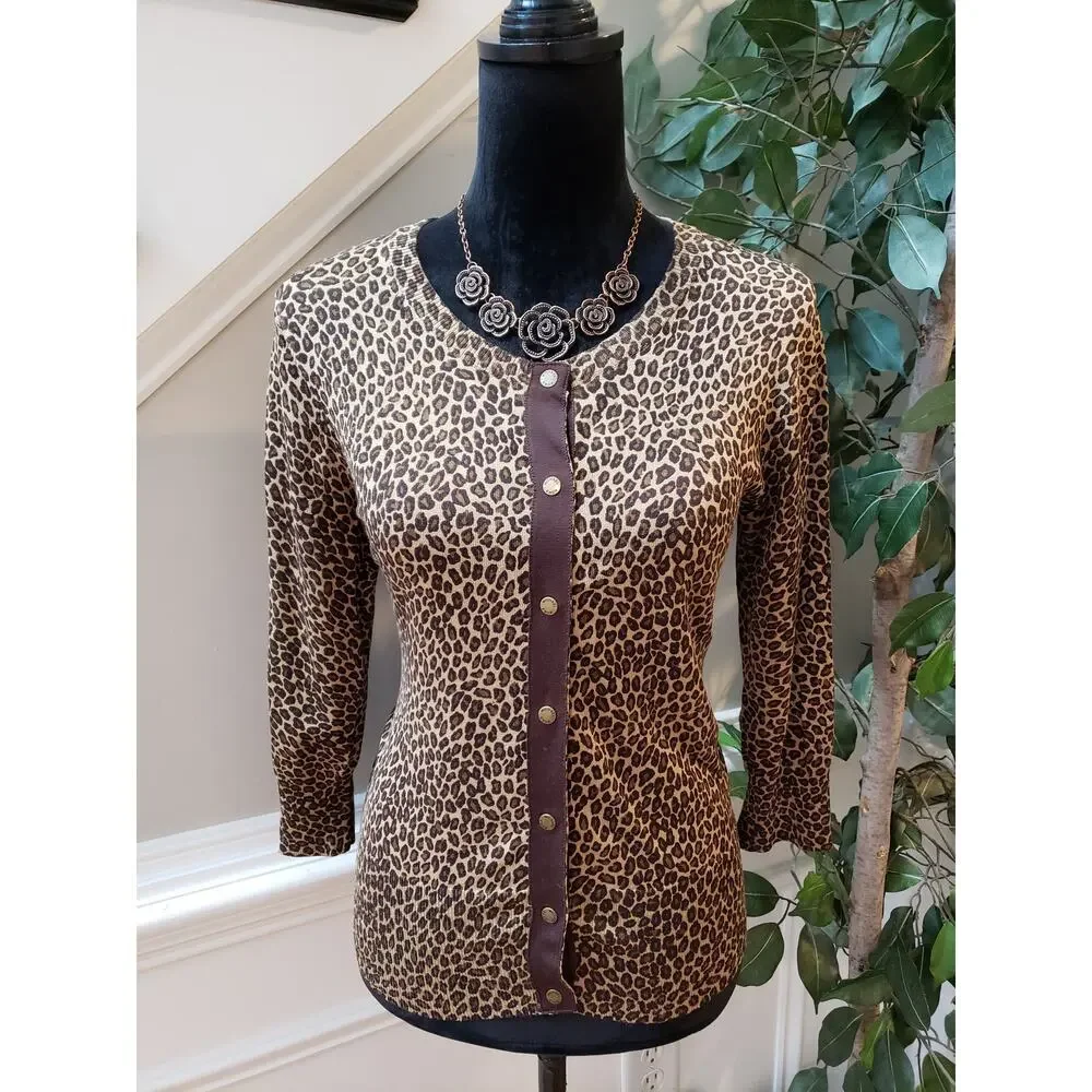 Michael Kors Cardigan Women‎ P/S Brown Leopard Print Long Sleeve Button Front